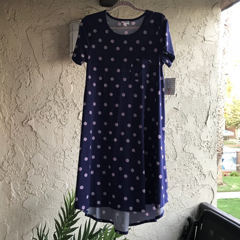 LulaRoe Carly purple dress with pink polka dots